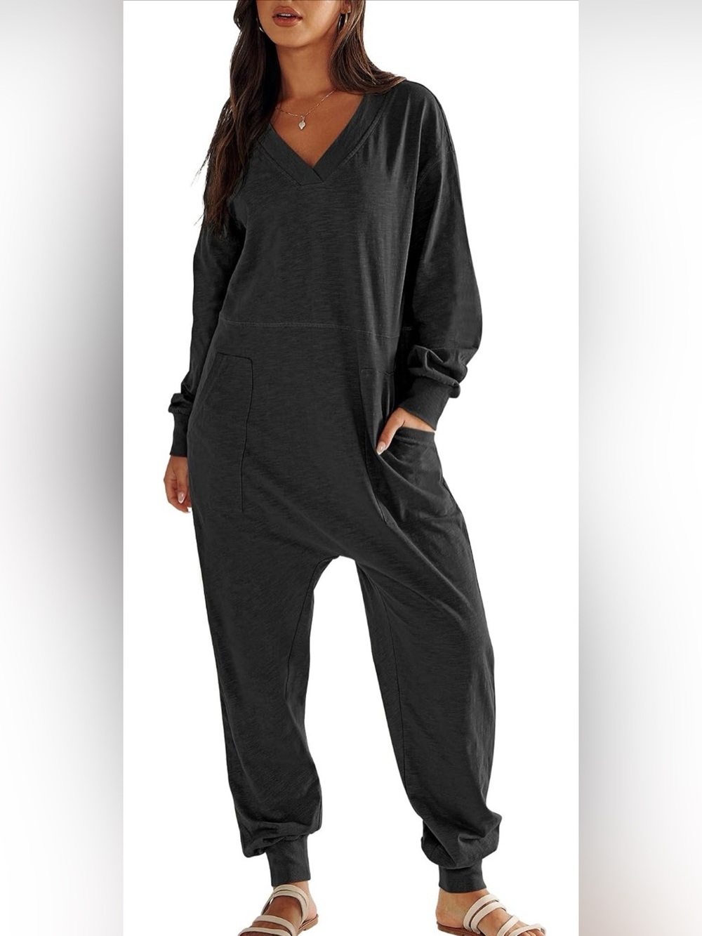 Relaxed V-Neck Black Jumpsuit with Pockets